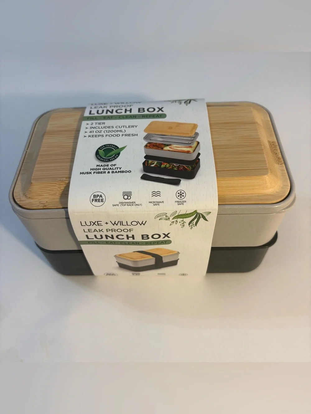 NWT Bento Lunch Box 2 Tier Leak Proof Cutlery Black Gray Nesting Bamboo Lid